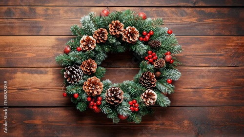 Rustic Christmas wreath with pine cones and eucalyptus leaves hanging on a wooden door. A natural, festive decoration symbolizing warmth, tradition, and seasonal charm. Caption space on the side.

