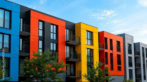 Vibrant row of colorful modern townhouses under clear blue sky. Contemporary architecture with clean lines and playful hues. Urban lifestyle, cheerful neighborhood, and sunny atmosphere.

