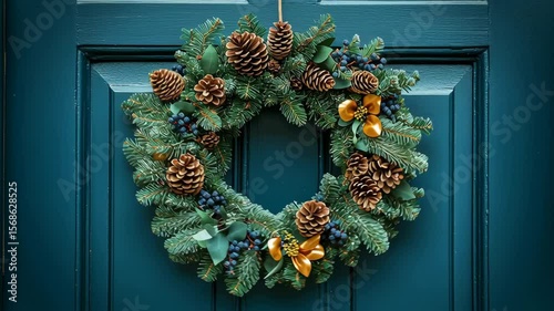 Rustic Christmas wreath with pine cones and eucalyptus leaves hanging on a wooden door. A natural, festive decoration symbolizing warmth, tradition, and seasonal charm. Caption space on the side.

