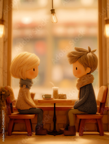 Two stylized figures sit across from each other in a warm café, sharing a quiet gaze filled with meaning.