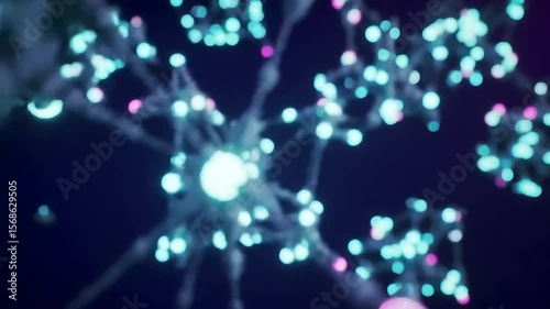 Network of lightemitting nodes connected by fibrous strands against a dark background