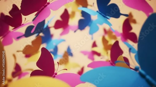 Many colorful 3D butterflies fly around filling the frame some in focus against a beige background