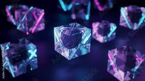Neonlit crystal cubes float on a dark glossy surface reflecting vibrant pink  blue light