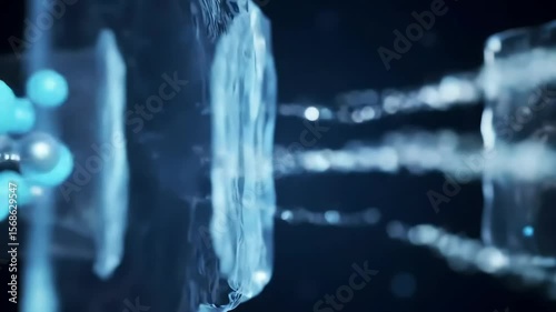 Molecules blue spheres  flowing elements against a dark background resembling scientific representation