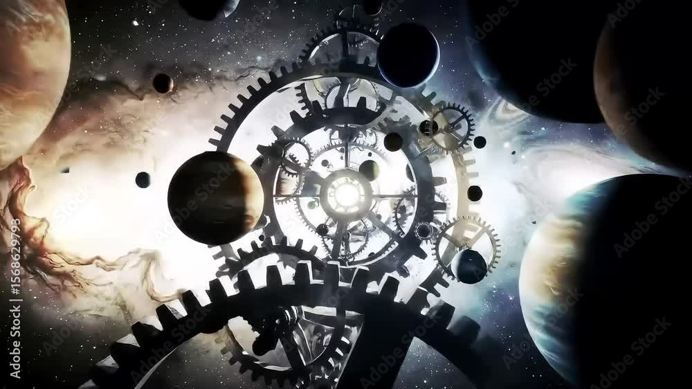 Planets surround gears set against a backdrop of stars and cosmic dust