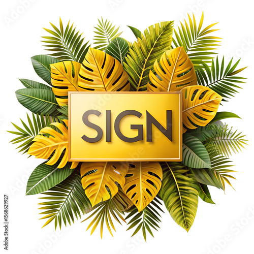 Realistic Sign with text space of yellow tropical leaves isolated on white background