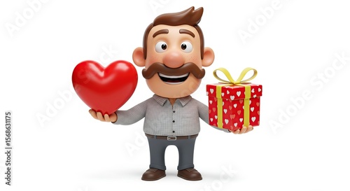 Happy Man Character Holding Red Heart Gift Box Isolated on White Background