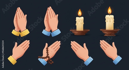 Hands in Prayer with Candles and Rosary Beads Symbolizing Faith Hope and Spirituality Isolated on Dark Background