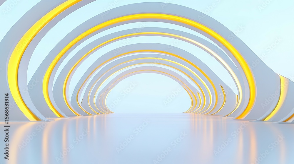 Fototapeta premium Abstract architectural design with concentric arches and glowing lines.