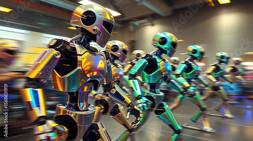 Robots march with colorful reflections