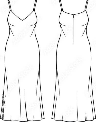 Elegant Women's Slip Dress Flat Technical Sketch, Front and Back Views, Ideal for Evening Wear, Lingerie, and Fashion Design Projects.