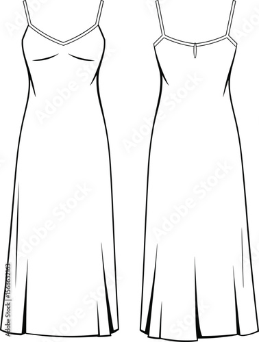 Elegant Women's Slip Dress Flat Technical Sketch, Front and Back Views, Ideal for Lingerie, Sleepwear, and Fashion Design Projects.