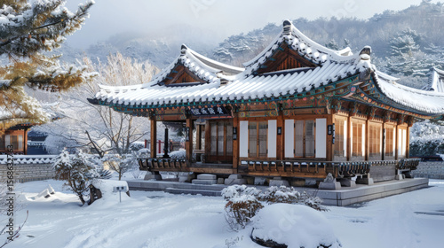Wallpaper Mural A high-quality AI-generated image of traditional korean hanok under snow for commercial use. Torontodigital.ca
