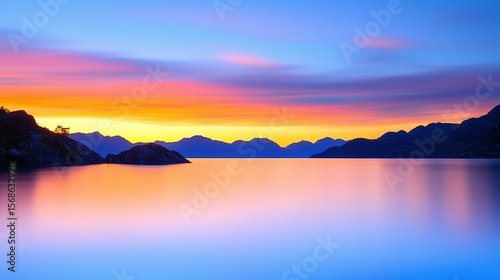 Serene lake vista at colorful sunset.