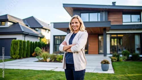 Successful female realtor proudly presenting a luxurious modern home with confidence
