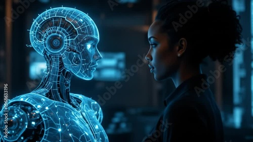 AI humanoid hologram robot shares knowledge with human {female} during singularity symbolizing agent autonomy and future AGI technology using super intelligence. 4k video