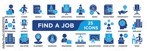 find a job con collection set. Containing employment,career,search,resume,application,interview,hiring,recruitment,opportunity,position icon. dual tone vector.	

