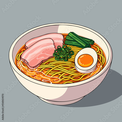 Delicious and Beautiful Bowl of Ramen Noodles with Rich Toppings and Broth