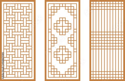 Editable Vector Illustration of Korean Traditional Door with Woven Lattice Grid Pattern for Interior Design Template