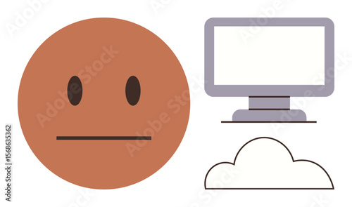 Neutral face next to a computer monitor and cloud conveys online technology, emotions, and connection. Ideal for concepts thumbs up communication, tech reliance, cloud storage, mental health