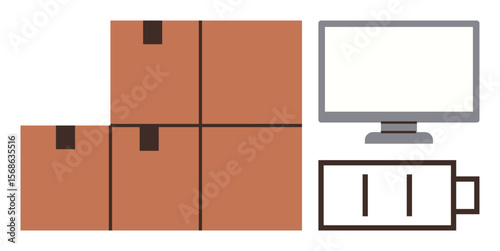 Packed cardboard boxes, flat battery shape, and computer monitor. Ideal for logistics, storage, technology, energy, e-commerce office setup or organization. Simple flat metaphor