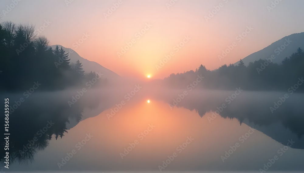 Fototapeta premium Misty sunrise over calm mountain lake