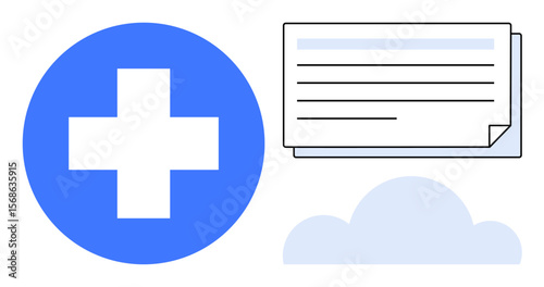 White cross in blue circle, document stack, and a cloud illustration. Ideal for healthcare, medical data, cloud storage, digital filing, remote access, records security simple flat metaphor