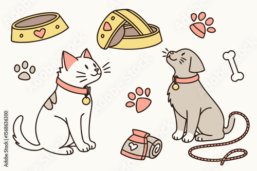Pet Lover Clip Art Bundle — Cute Cats, Dogs, Bowls, Paws, Toys, Beds & Hearts in Hand-Drawn Style for Pet Brands & Produc