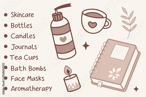 Self-Care Clip Art Collection — Skincare, Journals, Candles, Tea, Face Masks, Affirmations & Bath Items for Wellness Brands