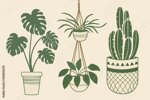 Indoor Houseplant Clip Art Set — Potted Plants, Hanging Vines, Monstera, Cactus & Decorative Leaves in Boho Style