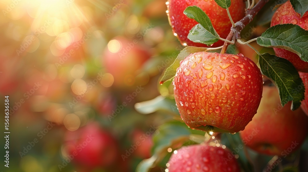 Obraz premium Dew-kissed red apples hang from a branch bathed in warm sunlight, blurred orchard in background