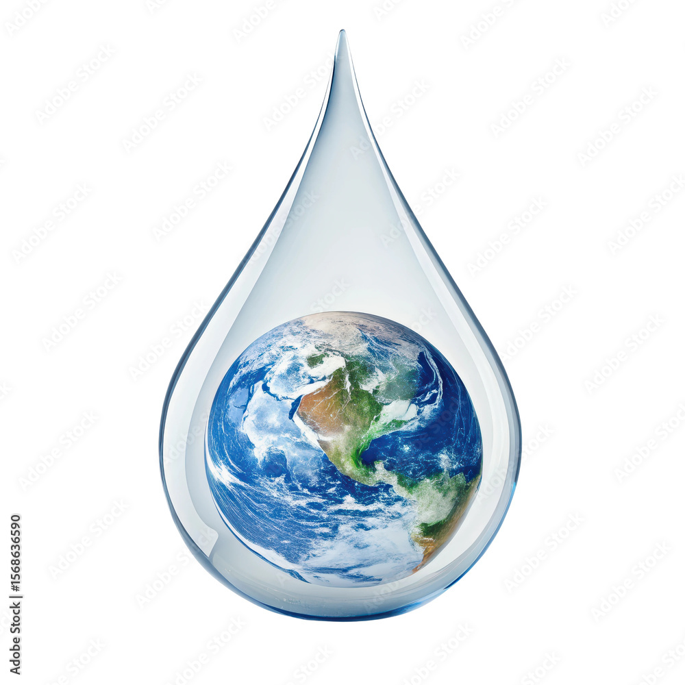 Obraz premium A vibrant depiction of planet earth nestled within a clear water drop, symbolizing global water conservation and environmental protection.