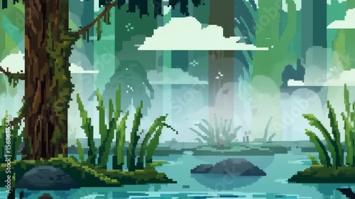 Pixelated Serenity: Animated Loop of a Tranquil Swamp Landscape with Lush Greenery