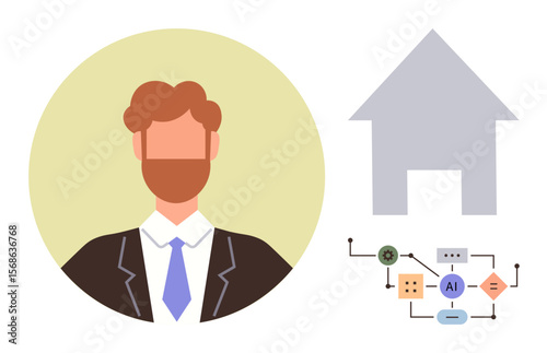 Businessman in a suit beside a schematic home and AI process workflow. Ideal for AI technology, smart home, automation, business, digital transformation, innovation, future technology. Simple flat