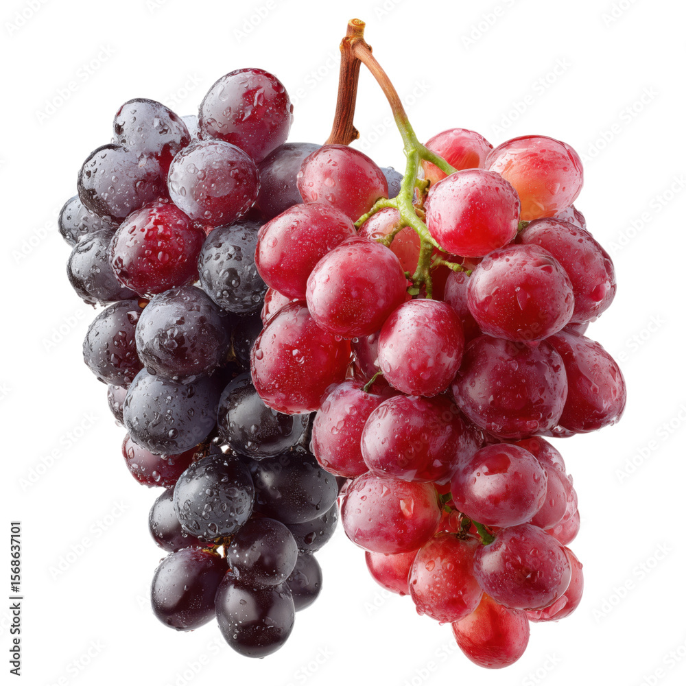 Fototapeta premium Fresh, ripe red grapes on a vine branch, isolated on white, a healthy and juicy natural dessert