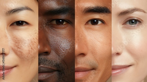 The images are divided into 4 sections or rows, comparing Before–After of men and women from different races. It is clear that the skin has improved, including acne, dry skin, and skin color.