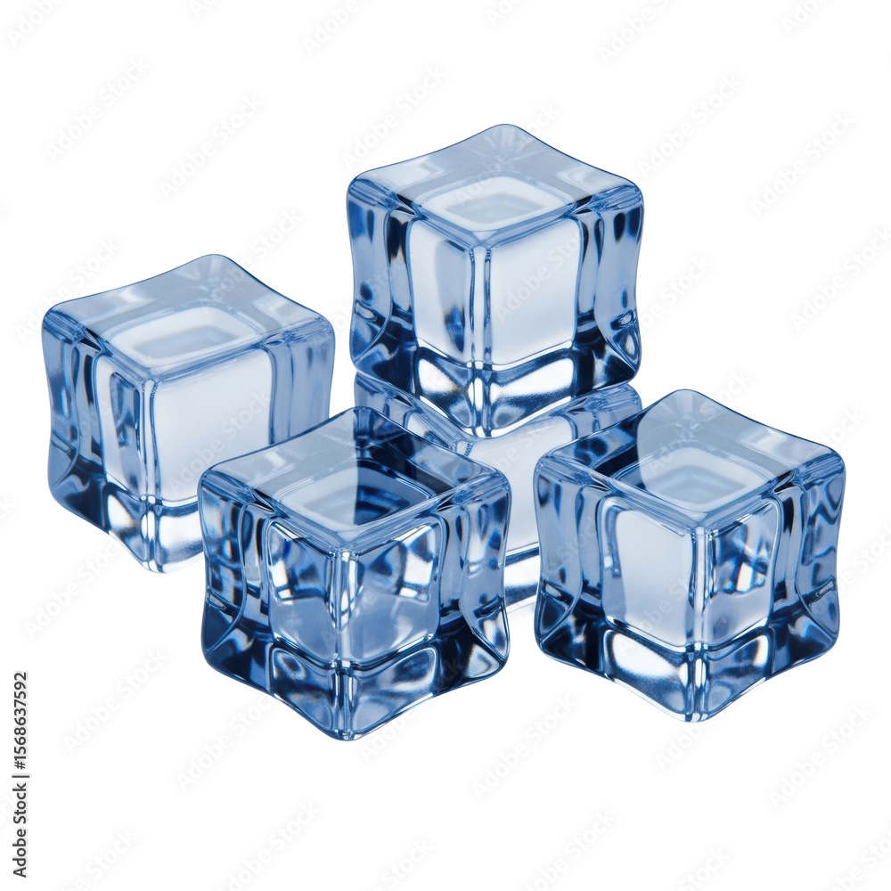 Fototapeta premium A collection of transparent ice cubes with a cool blue tint, ideal for illustrating cold drinks, refreshment, or chilling concepts.