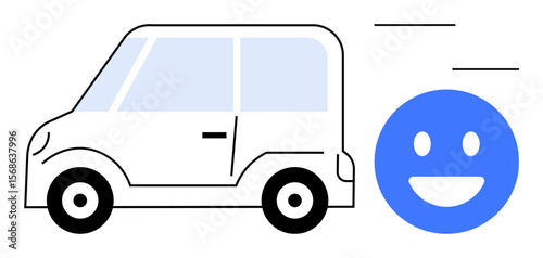 Small white car with motion lines, large blue smiling face indicating speed and happiness. Ideal for travel, rideshare, car rental, mobility, efficiency, transport, simple landing page