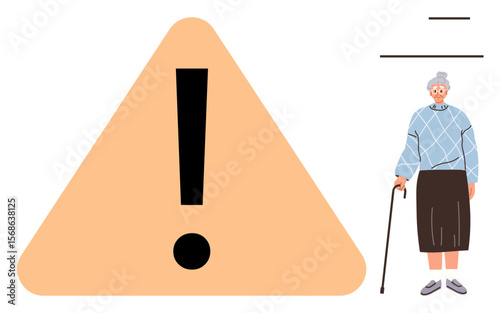 Yellow caution triangle with exclamation mark beside senior woman using walking cane. Ideal for senior care, fall prevention, safety awareness, healthcare, aging support, caution, simple flat