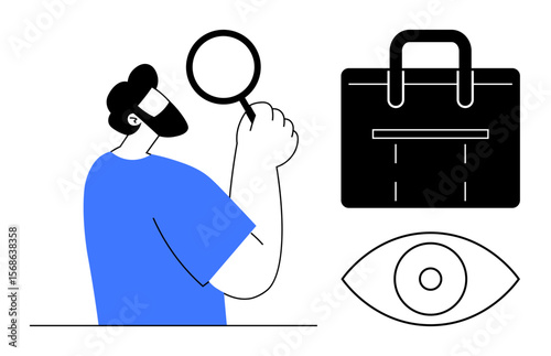 Bearded man holding magnifying glass, analyzing or investigating next to eye and leather briefcase. Ideal for research, inspection, business strategy, curiosity, exploration, analysis, solution