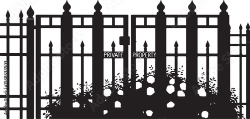 ornate private property gate silhouette with iron fence and overgrown foliage, black vector illustration for security or real estate themes