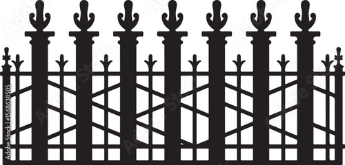 ornate private property gate silhouette with iron fence and overgrown foliage, black vector illustration for security or real estate themes