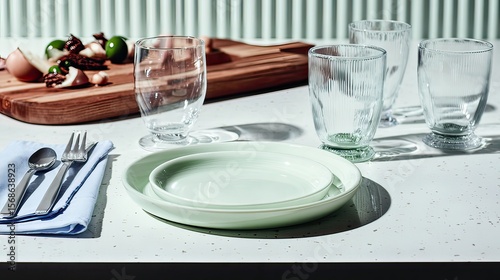 Modern tableware on kitchen counter, food prep in background