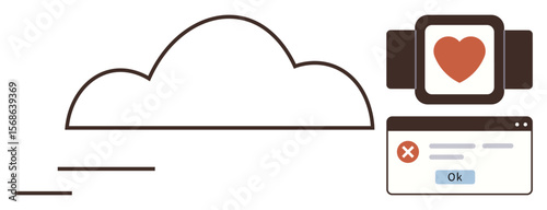 Cloud paired with smartwatch heart monitor and error dialog box. Ideal for technology, health tracking, cloud storage, digital health, errors, communication, data security. Simple flat metaphor