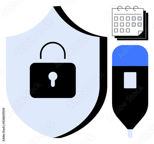 Lock on shield symbolizes security, pen drive represents data, calendar portrays scheduling. Ideal for cyber protection, organization, backup, planning, privacy, time management simple flat metaphor