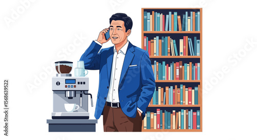Stylish man in blue blazer talking on phone near coffee machine and bookcase.