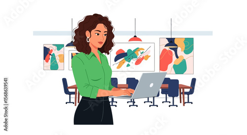 Woman Working on Laptop in Modern Meeting Room with Abstract Art.