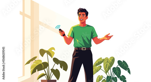Smiling Man Controlling Smart Home with Remote Near Plants.