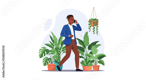 Stylish man in blue blazer conversing on phone amidst lush potted plants.