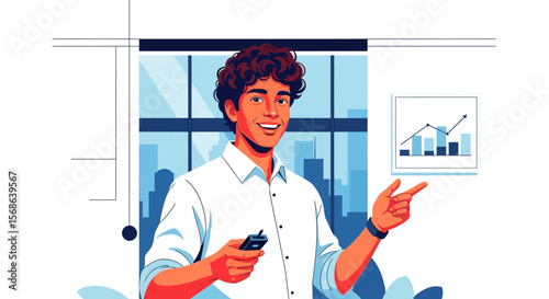 Smiling Businessman Presenting Growth Chart with Device.